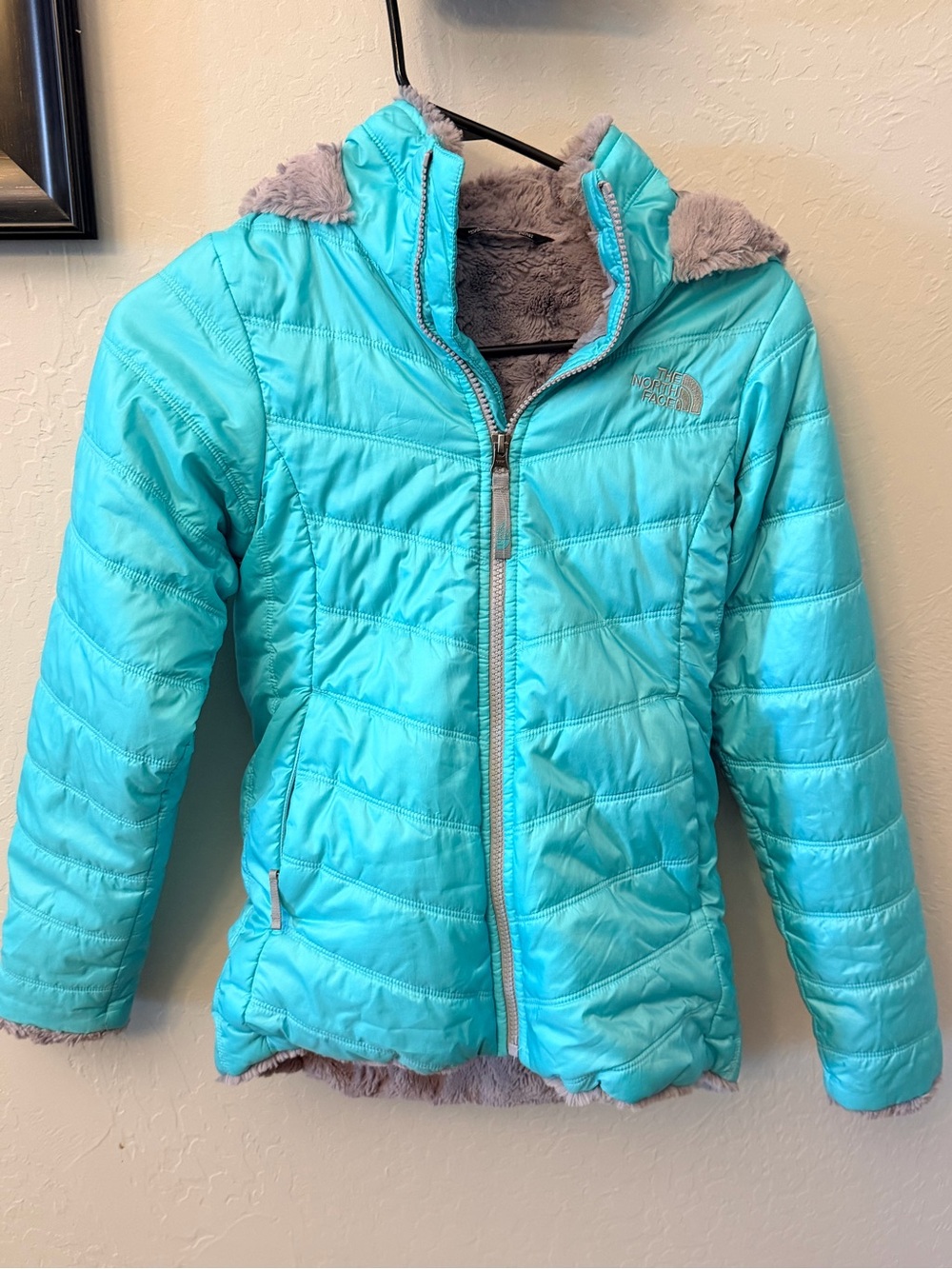 The North Face Girls' Teal Blue Puffer Jacket with Faux-Fur Hood